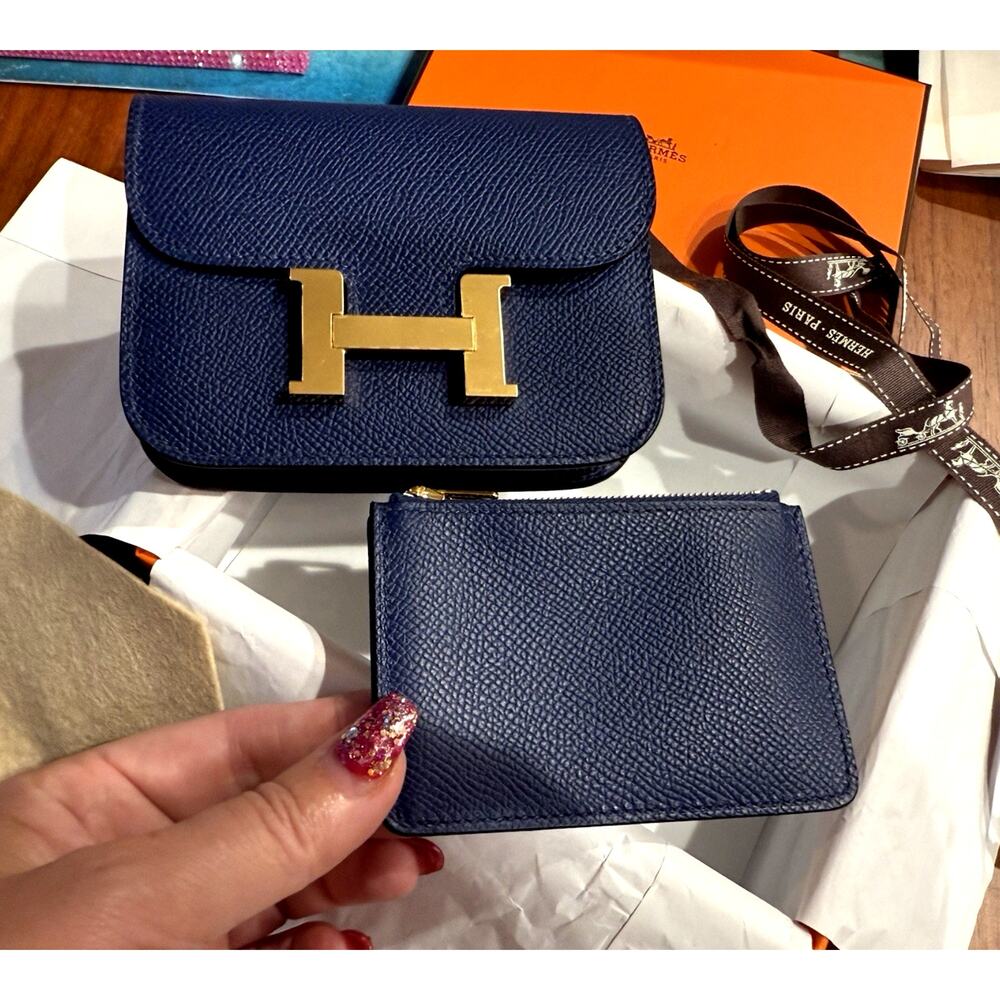 Hermes Constance Slim Mini Bag Wallet Blue Navy Sapphire Epsom Gold hw 2025 NEW